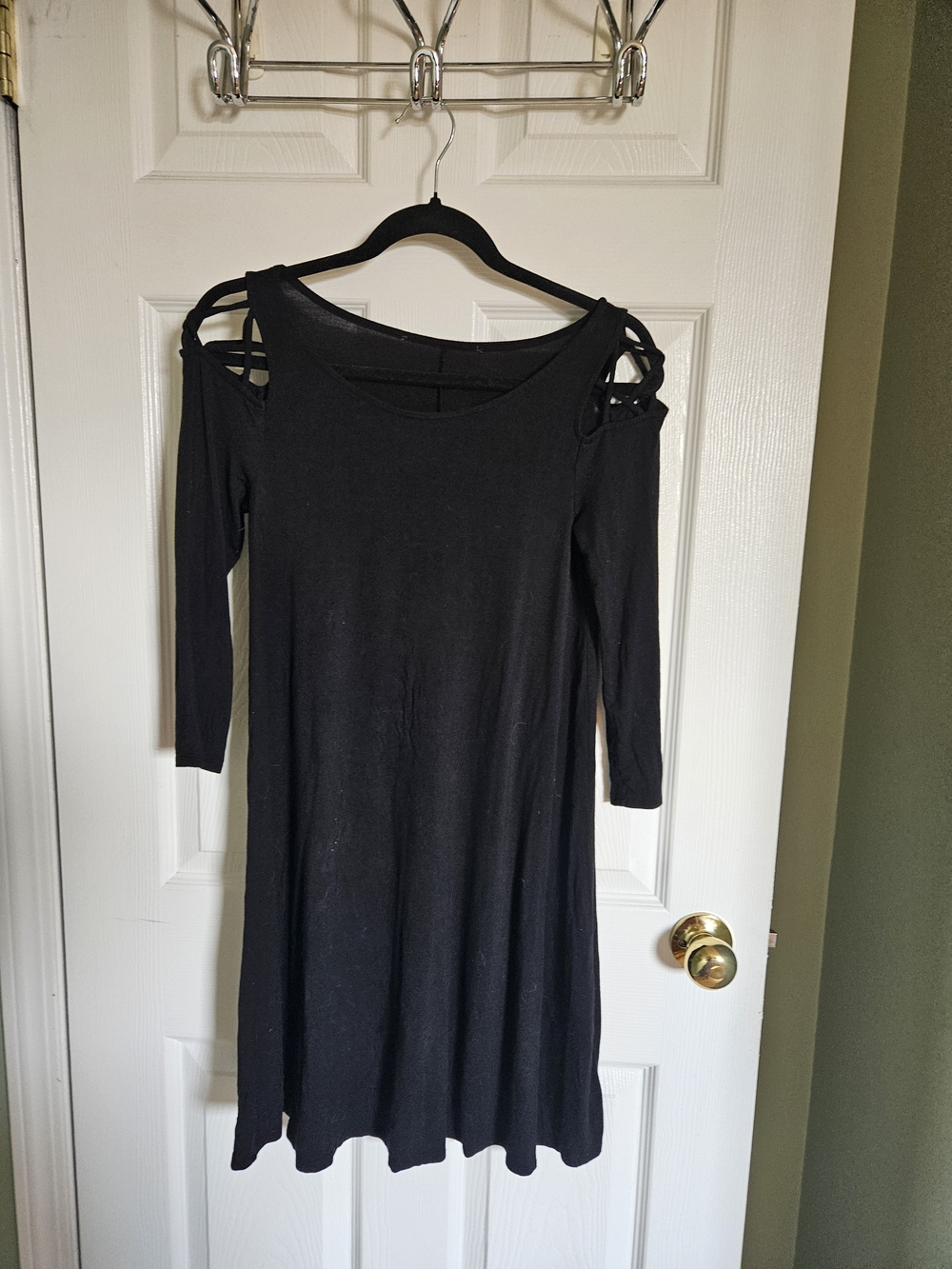 Black Cold-Shoulder Midi Dress with Strappy Shoulder Detail